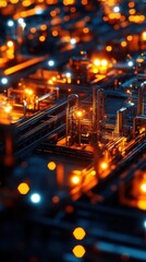 Futuristic circuit board with glowing lights in a dark environment.