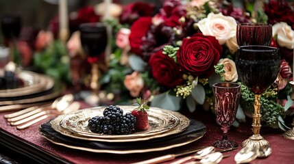 Elegant table setting with red and gold accents, featuring blackberries and flowers.