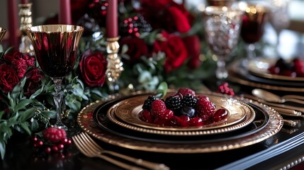 Elegant table setting with gold rimmed plates, black cutlery, and red berries.