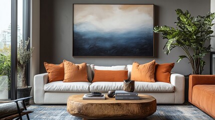 Cozy living room with blue walls, textured throw pillows, and a wooden side table.