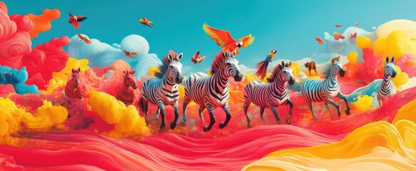 Lively and Bright World Animal Day Banner Featuring a Parade of Horses, Zebras, and Parrots Across a Vibrant Landscape