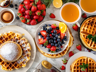 An appetizing display of pancakes, waffles, and other breakfast delights at a festive holiday brunch.