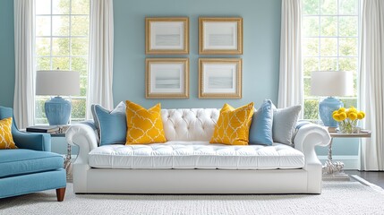 Elegant living room with white sofa, blue accents, and yellow pillows.
