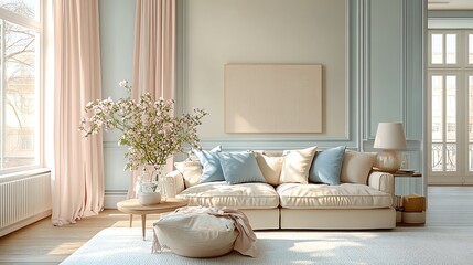 Taupe, baby blue, and blush pink create a soft, serene color scheme for relaxing, intimate spaces