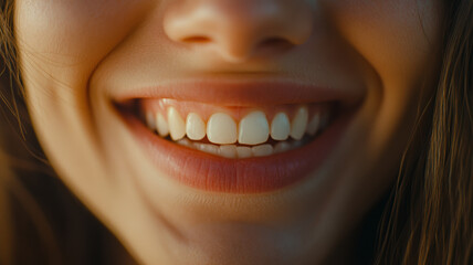 Obraz premium A close up of smiling woman showcasing her bright, healthy teeth and joyful expression. warm lighting enhances natural beauty of her smile, radiating happiness and positivity