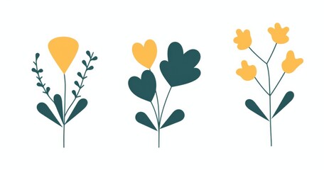Three frame art featuring simple plants and flowers in yellow and teal on a white background