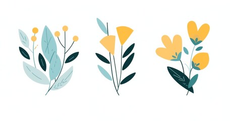 Three frame art featuring simple plants and flowers in yellow and teal on a white background