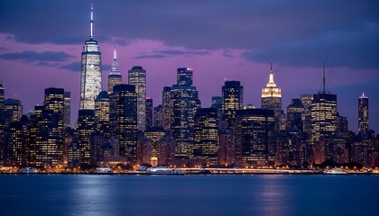 Obraz premium Captivating NYC Skyline at Twilight: Purple Sky, Skyscrapers, and Reflections on Water