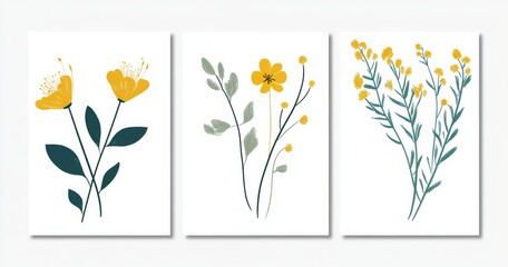 Three frame art featuring simple plants and flowers in yellow and teal on a white background