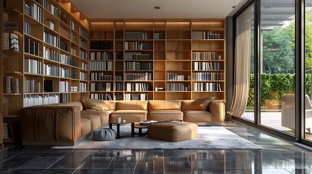 Contemporary library interior with bookshelves