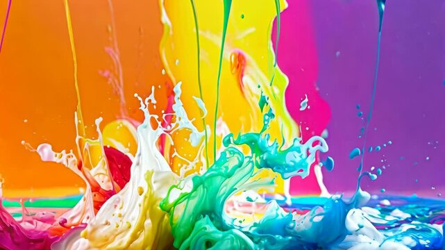 Colorful abstract paint drips creating dynamic motion in vibrant splashes and swirling s, 4k footage