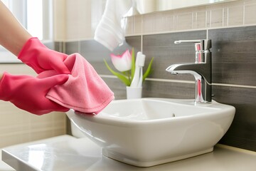 Cleaning a bathroom sink with pink gloves and cloth