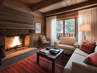 Fototapeta premium Cozy Cabin Living Room with a Crackling Fireplace