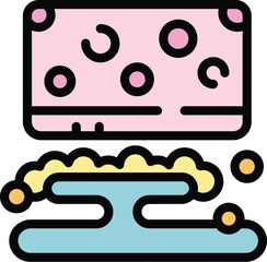 Pink soap bar foaming over a blue water puddle