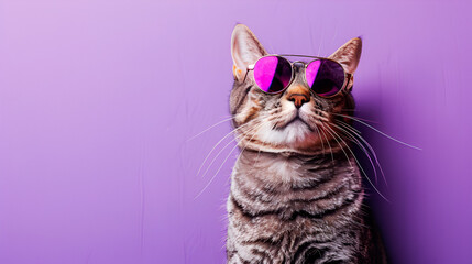 Suprised cat with sunglasses on his head on viole