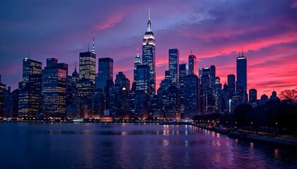 Stunning Twilight NYC Skyline: Skyscrapers, Purple Sky, and City Lights Reflecting in Water