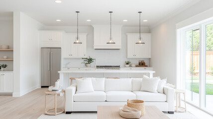 A modern kitchen and living room featuring white sofa, light wood flooring, and elegant pendant lighting. space is bright and inviting, perfect for relaxation and gatherings