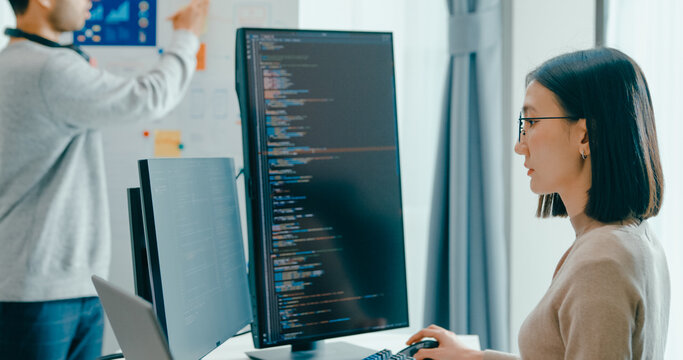 Group adult Asia male female software developers mentor leader manager talk strategy plan to executive write prompt AI bot IT app program nomad, video game, data center. Whiteboard slideshow code.