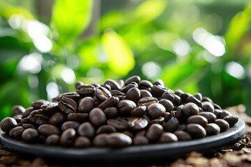 Obraz premium Close-up of Roasted Coffee Beans in a Black Dish with a Defocused Green Background