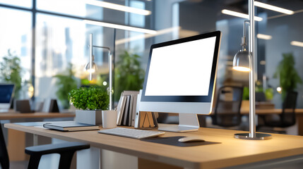 Naklejka premium Modern office desk with a computer monitor and indoor plants, creating a bright and eco-friendly workspace