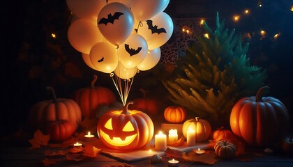 Halloween pumpkin with balloons and candles,generative ai