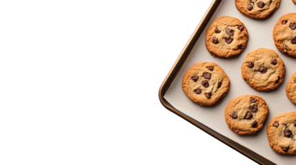 Baking sheet with chocolate chip cookies on parchment isolated on transparent background, copy space for text