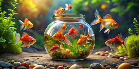 Fototapeta premium Brightly Colored Goldfish Swimming Gracefully in a Glass Jar Surrounded by Water Plants and Stones