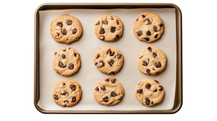 Baking sheet with chocolate chip cookies on parchment isolated on transparent background
