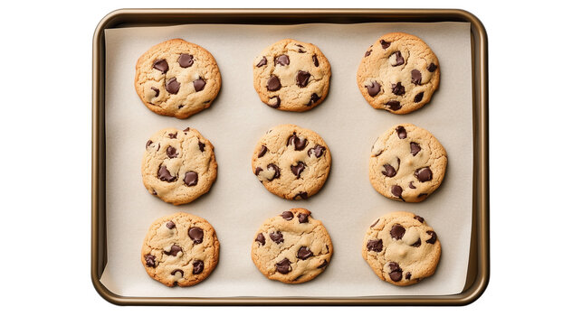 Baking sheet with chocolate chip cookies on parchment isolated on transparent background