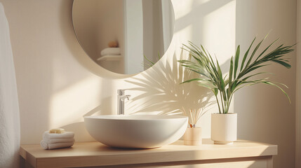 Fototapeta premium Minimalist bathroom vanity with a round mirror, single potted plant, and white sink in a bright, neutral-toned space