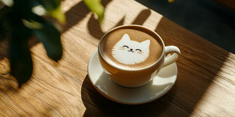 Artistic Cat Latte Art in Morning Light