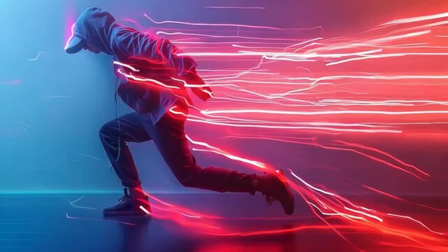 Dynamic runner with neon trails showcasing speed and futuristic technology in vibrant colors, 4k footage
