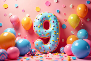 9th birthday card. Large, colorful number nine surrounded by numerous balloons and confetti, all set against a vibrant pink background.