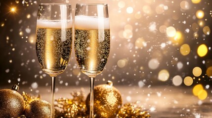 A pair of champagne flutes clinking together in a celebratory toast, with sparkling champagne inside and golden bubbles rising to the top, surrounded by festive decorations.