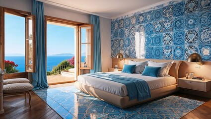 Mediterranean style bedroom of a luxury villa with a sea view