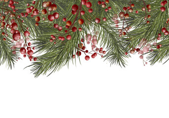 Fluffy pine branches and festive red berries. Christmas tree branches on horizontal border, isolated on background. Watercolor digital illustration. Christmas guilanda on the holiday theme
