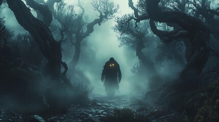 Obraz premium A dense fog covers the forest as a shadowy figure walks through twisted trees, glowing eyes watching from the darkness. The scene is eerie and haunting, filled with tension and mystery.