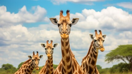Obraz premium Three Giraffes Standing in a Savanna Landscape
