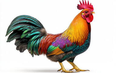 Fototapeta premium Colorful rooster standing, white isolate background.