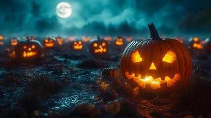 Obraz premium A desolate pumpkin patch at midnight, illuminated by an eerie full moon, glowing jack-o'-lanterns casting long shadows across the field. Mist rolls through the scene, enhancing the spooky,