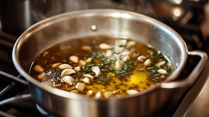 A pot of simmering garlic-infused olive oil on the stove, with garlic cloves floating and herbs visible, illustrating the art of flavoring dishes.