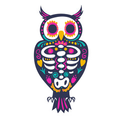 Owl skeleton decorated with flowers and decorative elements, front view. Festive animal for the Mexican day of the dead,  Dia de los Muertos.