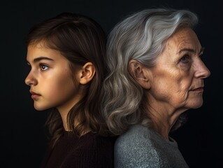 A side-profile portrait of two women, one younger and one older, both with thoughtful expressions, their age differences subtly visible