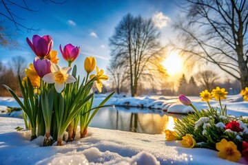 Captivating Contrast of Winter's Last Snowfall Amidst Blooming Spring Flowers in a Serene Landscape