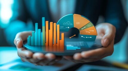 A segmented 3D pie chart in shades of blue, orange, and green, floating in front of a business analyst, with arrows and icons showing trends and insights - Powered by Adobe