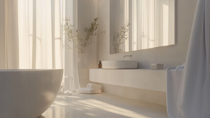 Fototapeta premium Minimalist bathroom with a floating white sink, large mirror, and sleek chrome details. Open space with soft light and neutral color palette