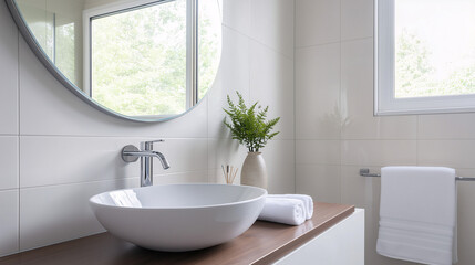 Fototapeta premium Minimalist bathroom with single wall-mounted mirror, clean vanity, and one decorative item in a sleek modern style