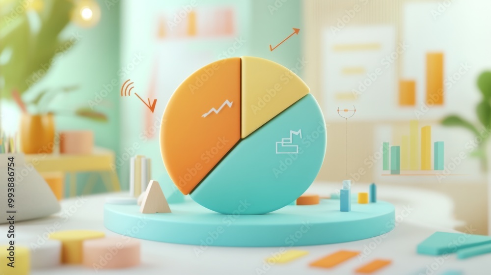 Aufkleber A segmented 3D pie chart in shades of blue, orange, and green, floating in front of a business analyst, with arrows and icons showing trends and insights
