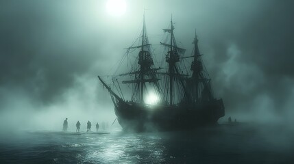 A ghostly pirate ship floats through dense fog, its broken sails glowing faintly under the pale moonlight, ghostly figures walking the deck. The scene is eerie and haunting,