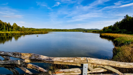 Scenic part of the educational trail Ol&scaron;ina in the &Scaron;umava region, with a wooden path winding through wetlands, meadows and trees. 
